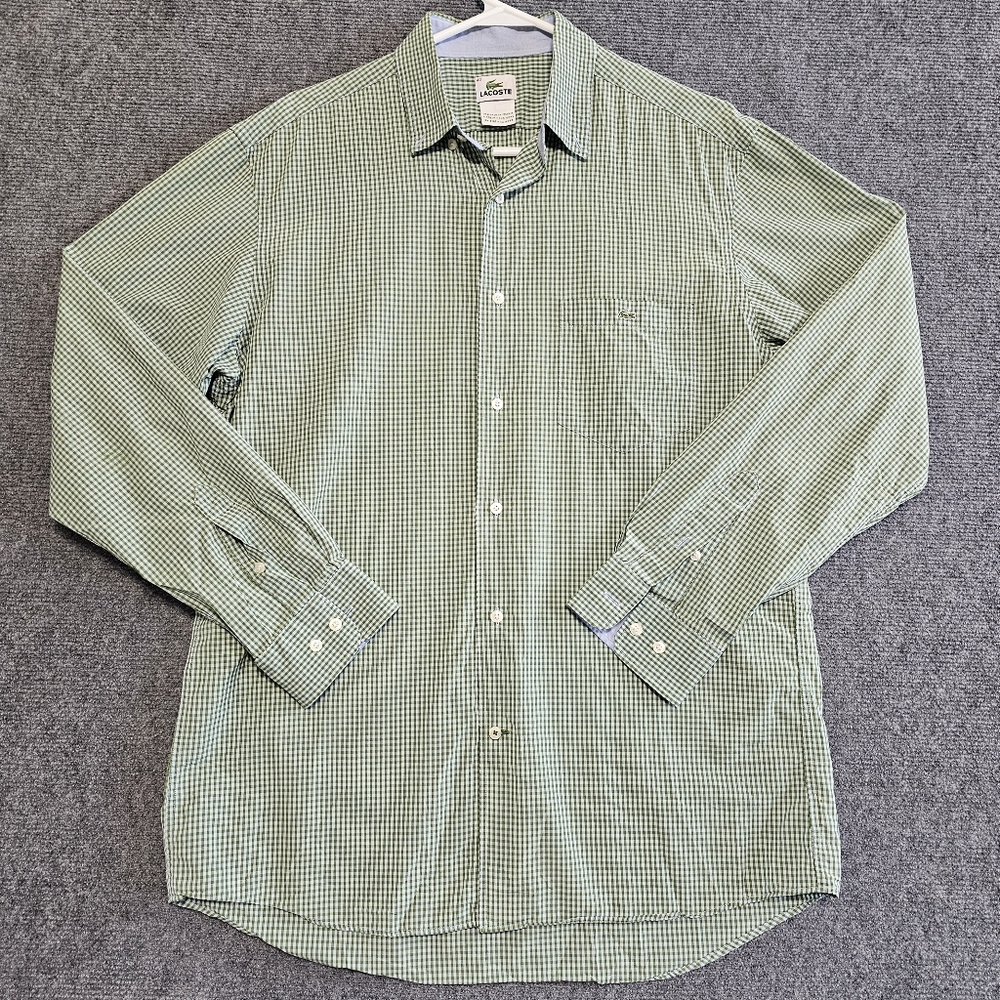 Lacoste Mens Green Checkered Button Up Shirt Long Sleeve Size 40 Cotton